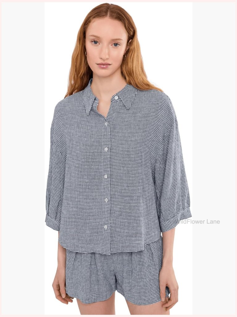 Linen Blend Button Down 3/4 Sleeve Blouson Top